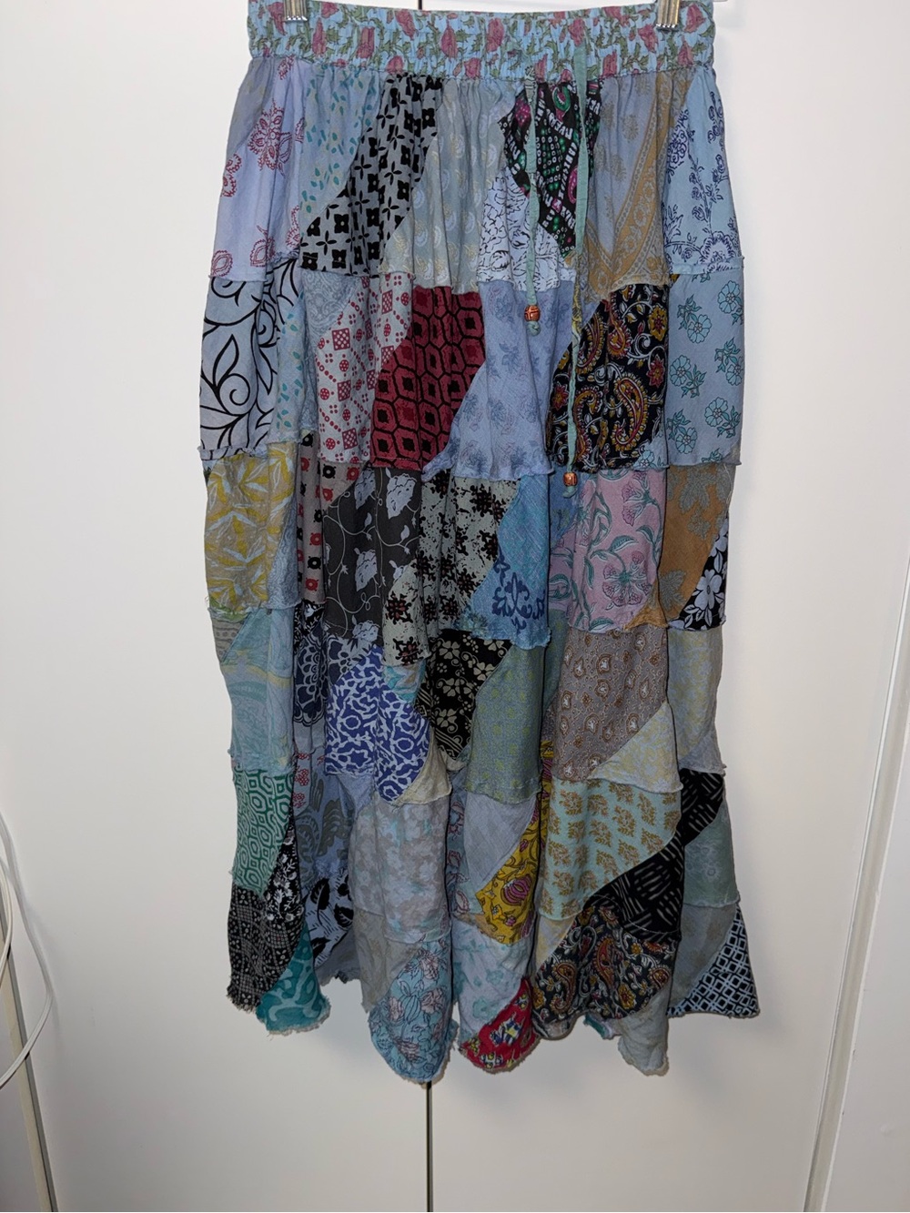 Women’s cotton Patchwork Tiered Maxi Skirt Mixed Pastels pull on vini